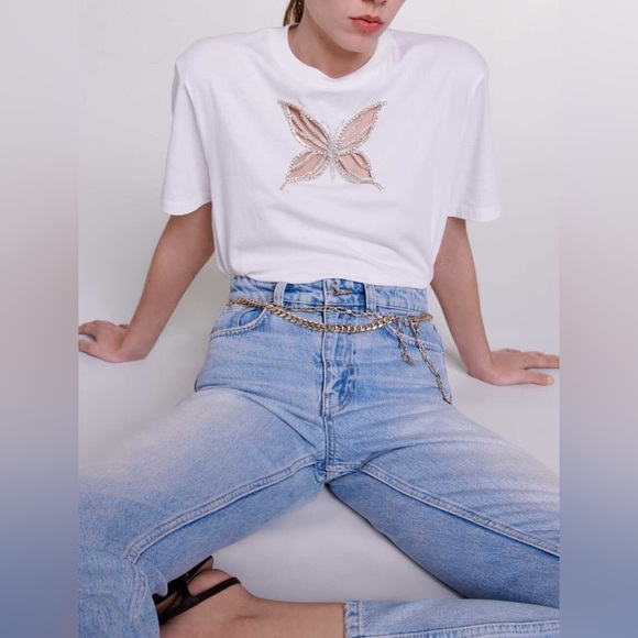 Maje rhinestone cotton t shirt white with embellishments size 2 medium - Picture 3 of 9